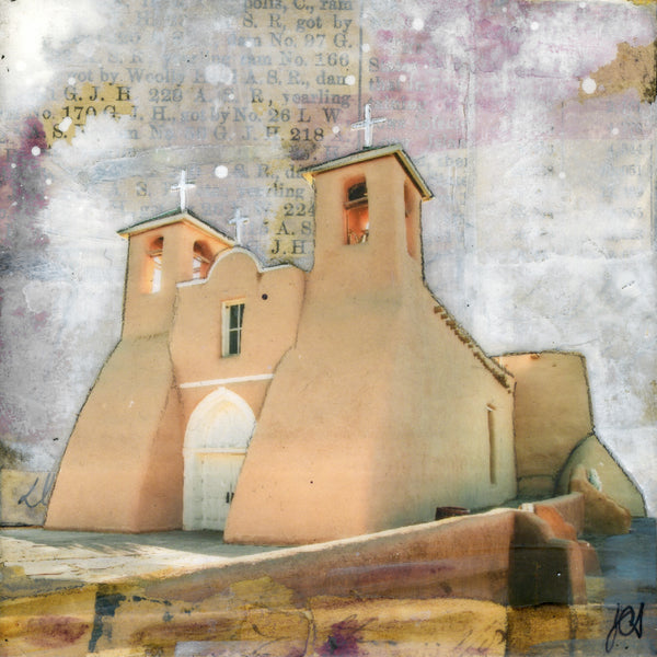 Adobe Church, 4" x 4" framed to 5x5