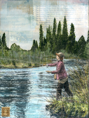 A woman fly fishing in Montana, Flathead River, MT, Mixed Media
